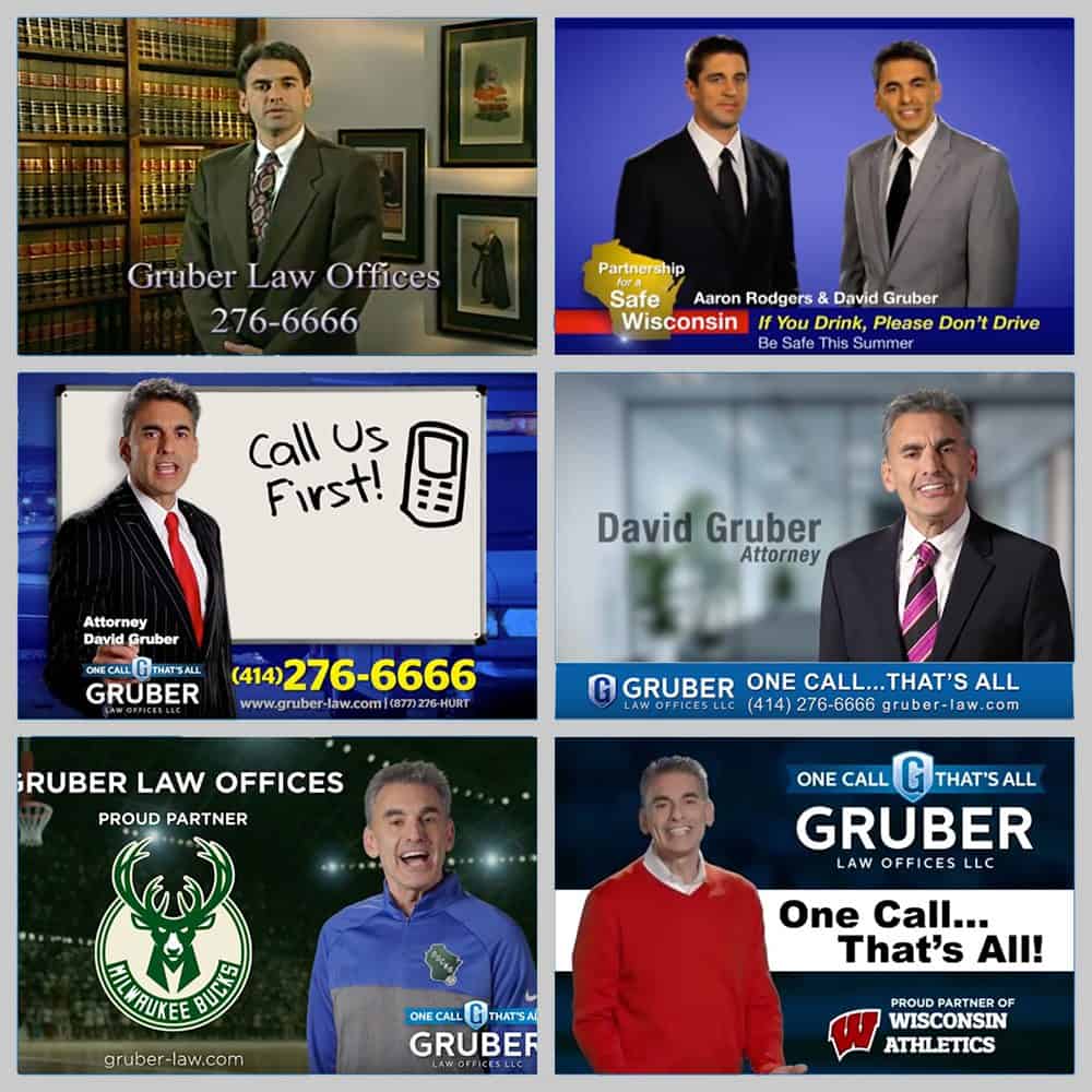 A mosaic of all the Gruber Law television advertisements