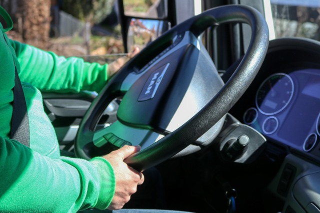 el interior de una cabina de camión con un conductor sosteniendo el volante