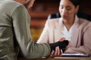 Injured man meets with lawyer to discuss how medical bills are paid after an uninsured motorist accident.