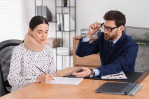 A lawyer reviewing options with an injured client wearing a neck brace whose car accident claim was denied.