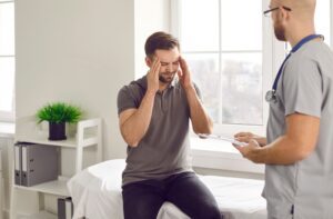 A man holding his head in distress as he visits his doctor to find out if it is normal for him to still be dealing with head pain after suffering an injury in a car accident.