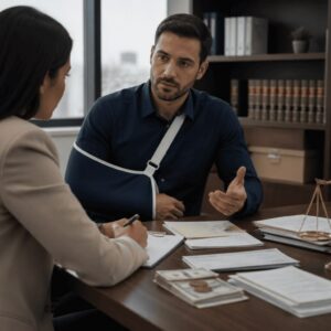 A lawyer reviews documents with an injured pedestrian accident victim during a meeting about an injury claim.